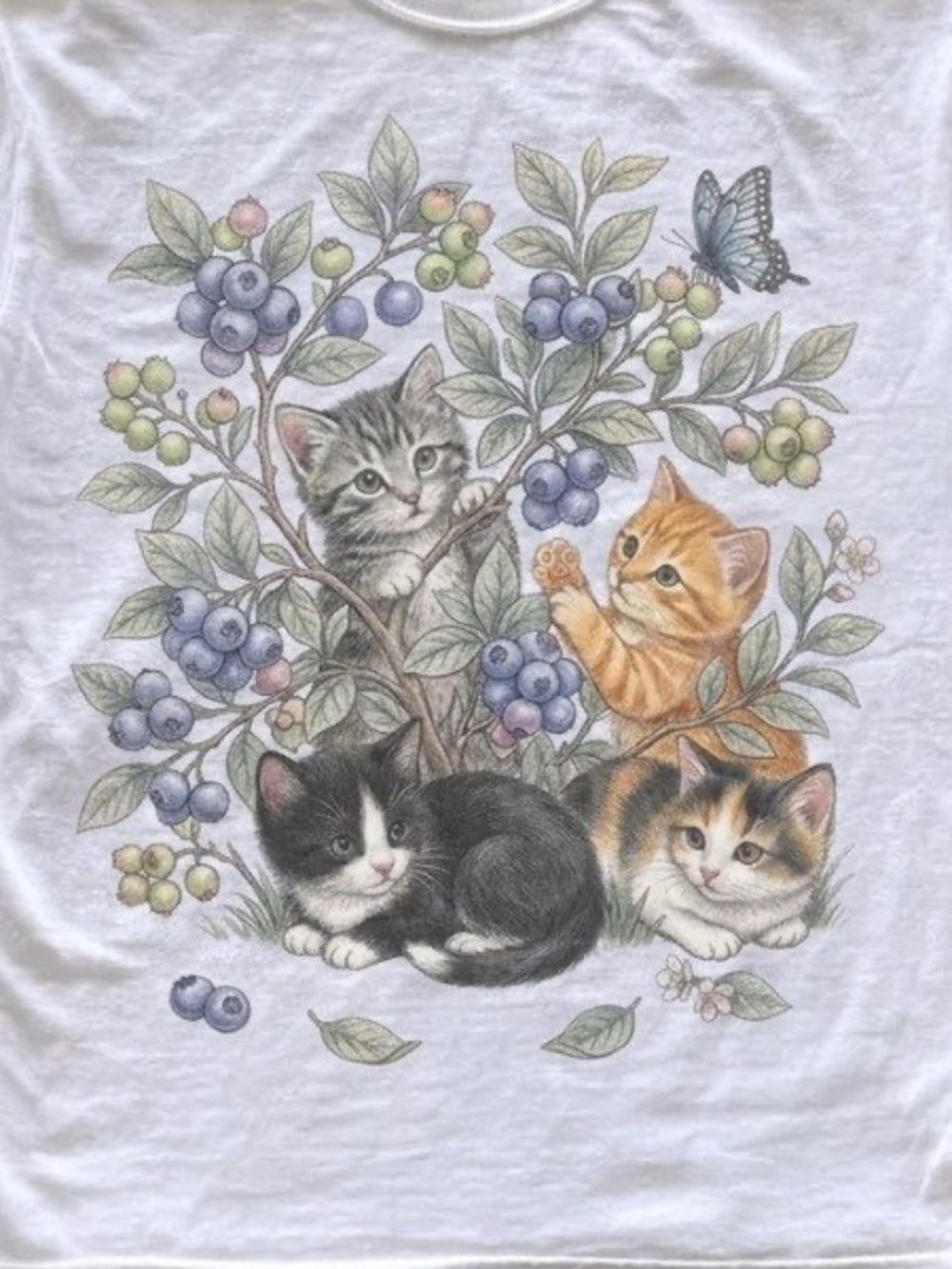 White Cat Graphic Tee with Kittens Flower Blueberry Design - Picture 2 of 2